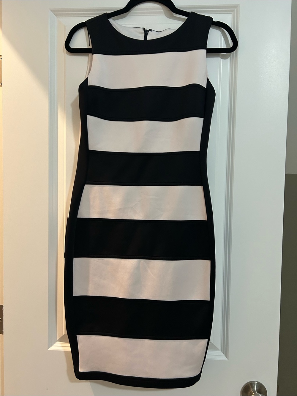 Calvin Klein Black and White Horizontal Stripe Sheath Dress